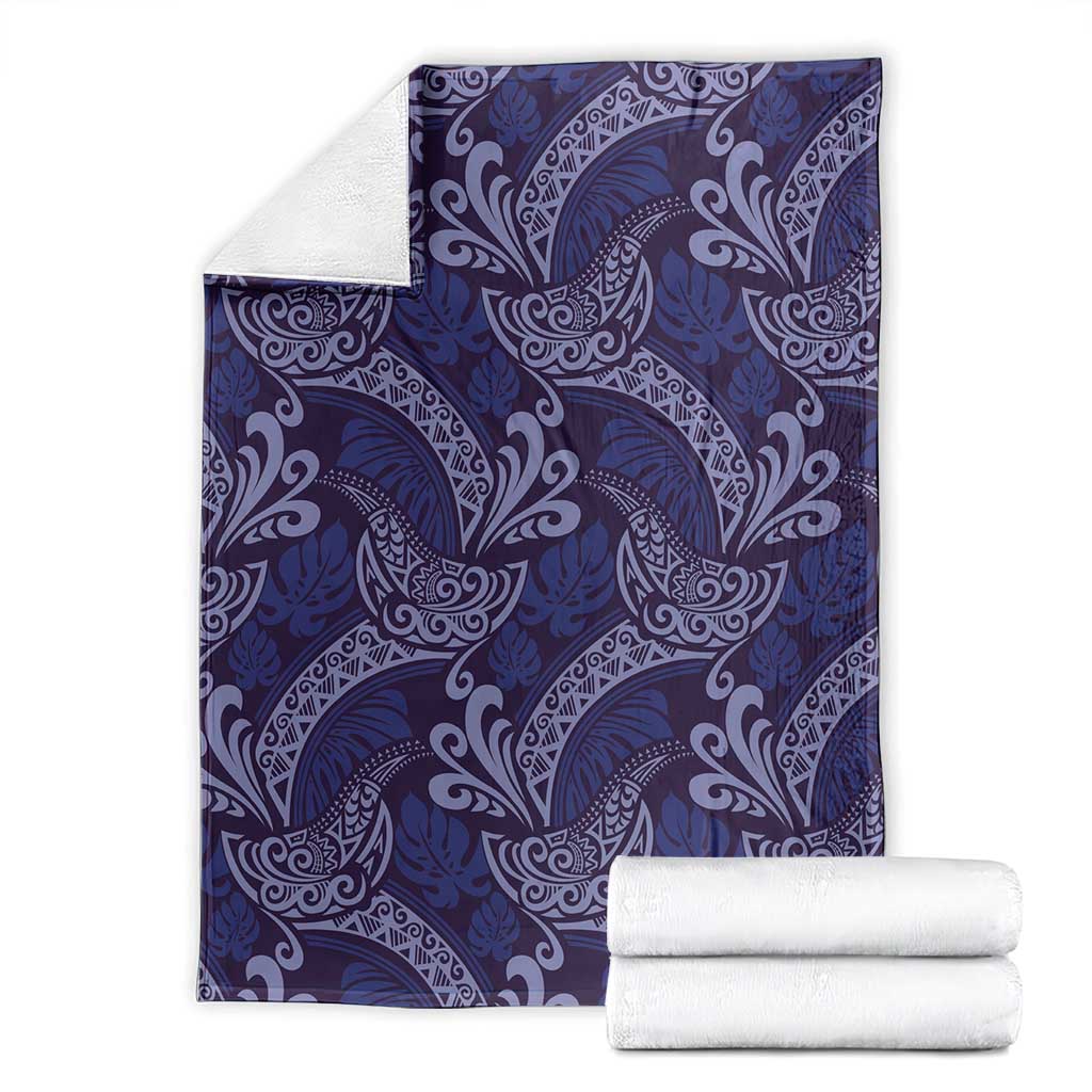Deep Blue Monstera Blanket Polynesian Tribal Pattern - Polynesian Pride