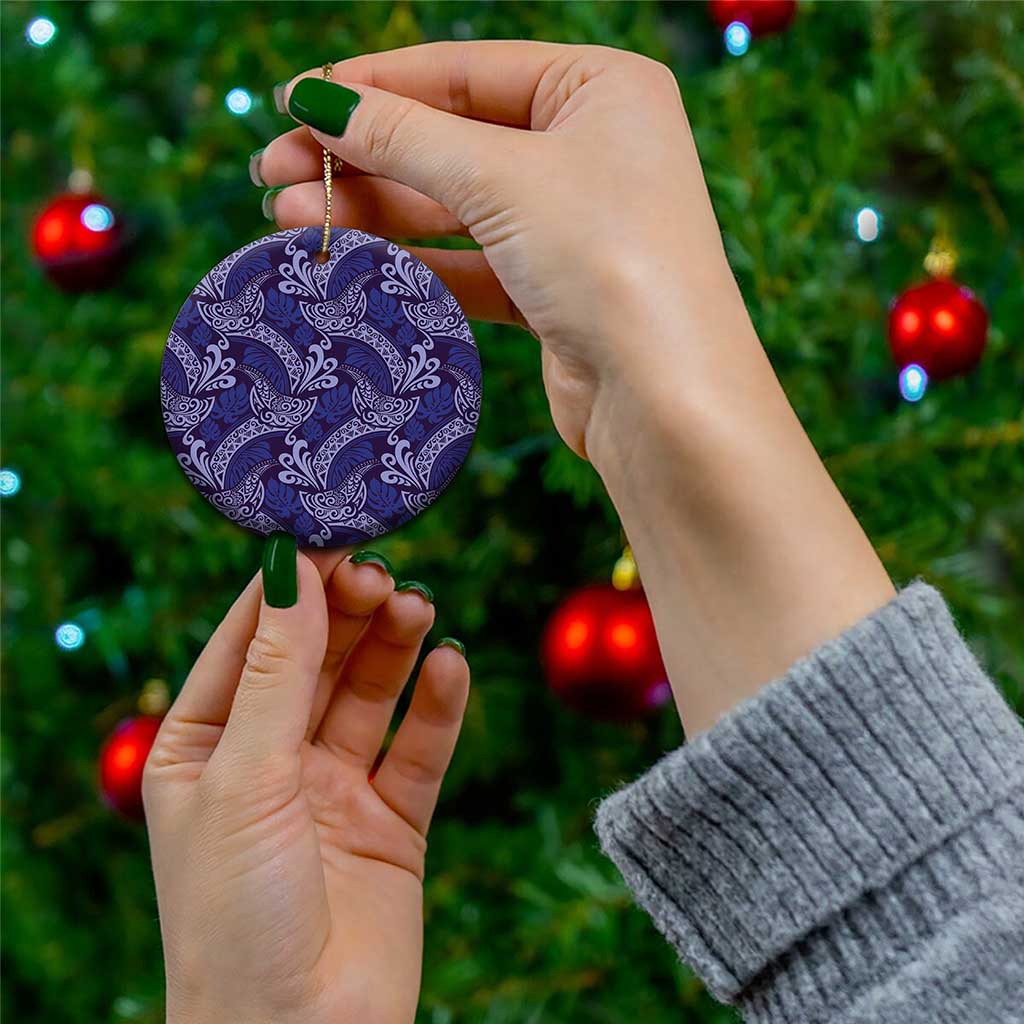Deep Blue Monstera Ceramic Ornament Polynesian Tribal Pattern - Polynesian Pride