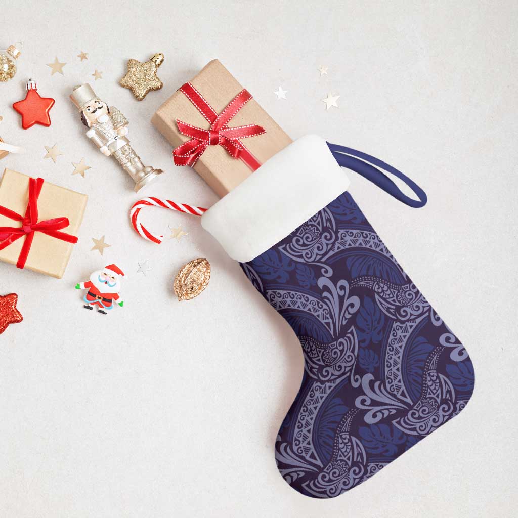 Deep Blue Monstera Christmas Stocking Polynesian Tribal Pattern - Polynesian Pride