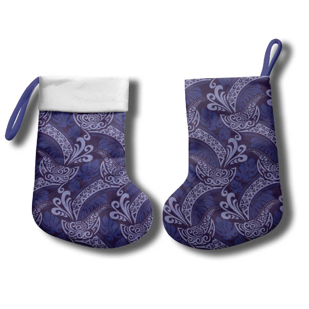 Deep Blue Monstera Christmas Stocking Polynesian Tribal Pattern - Polynesian Pride