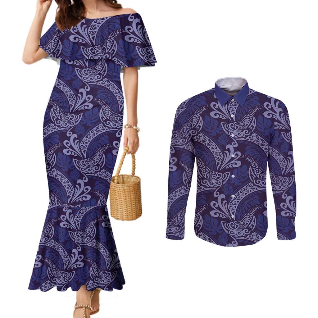 Deep Blue Monstera Couples Matching Mermaid Dress and Long Sleeve Button Shirt Polynesian Tribal Pattern LT01 Blue - Polynesian Pride