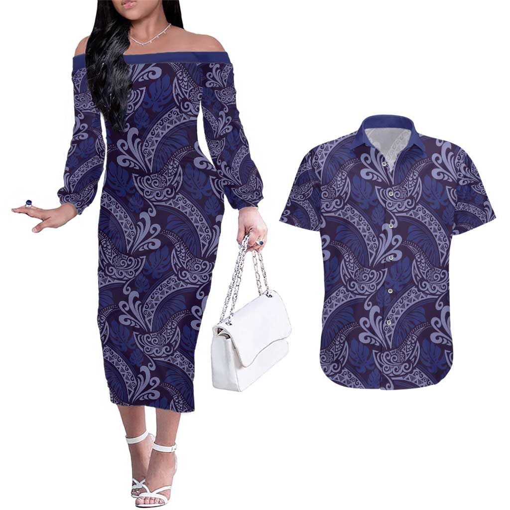 Deep Blue Monstera Couples Matching Off The Shoulder Long Sleeve Dress and Hawaiian Shirt Polynesian Tribal Pattern LT01 Blue - Polynesian Pride
