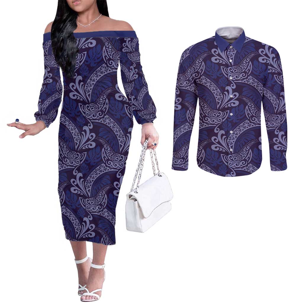 Deep Blue Monstera Couples Matching Off The Shoulder Long Sleeve Dress and Long Sleeve Button Shirt Polynesian Tribal Pattern LT01 Blue - Polynesian Pride