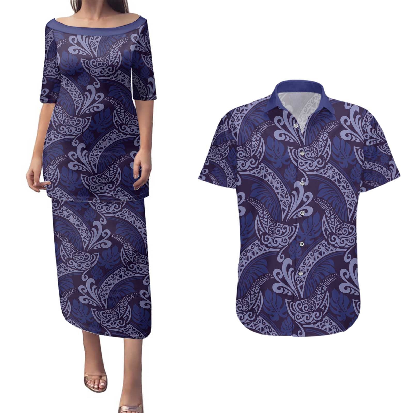 Deep Blue Monstera Couples Matching Puletasi and Hawaiian Shirt Polynesian Tribal Pattern LT01 Blue - Polynesian Pride