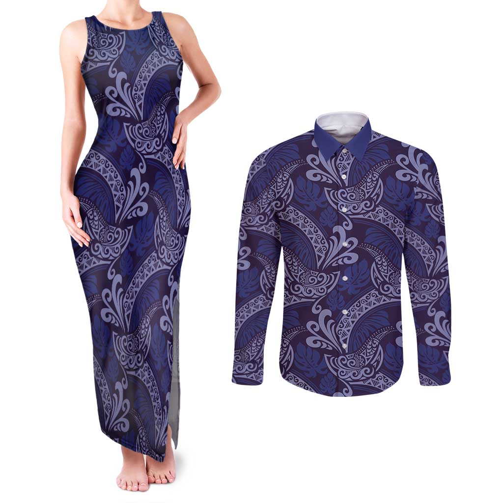 Deep Blue Monstera Couples Matching Tank Maxi Dress and Long Sleeve Button Shirt Polynesian Tribal Pattern - Polynesian Pride
