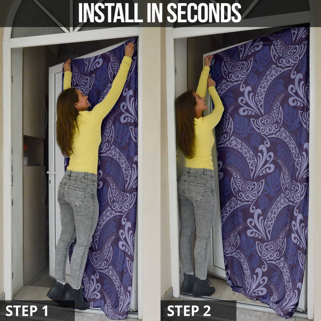 Deep Blue Monstera Door Cover Polynesian Tribal Pattern - Polynesian Pride