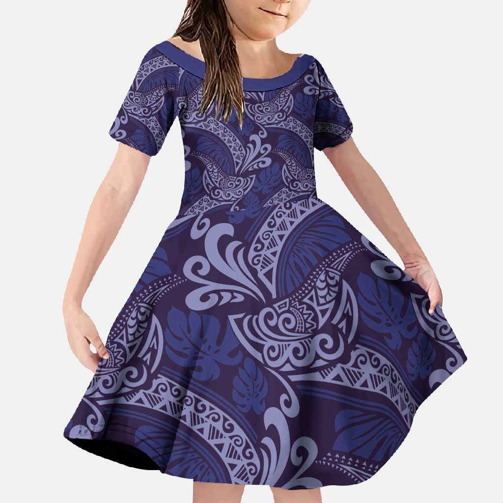 Deep Blue Monstera Family Matching Long Sleeve Bodycon Dress and Hawaiian Shirt Polynesian Tribal Pattern LT01 Daughter's Dress Blue - Polynesian Pride