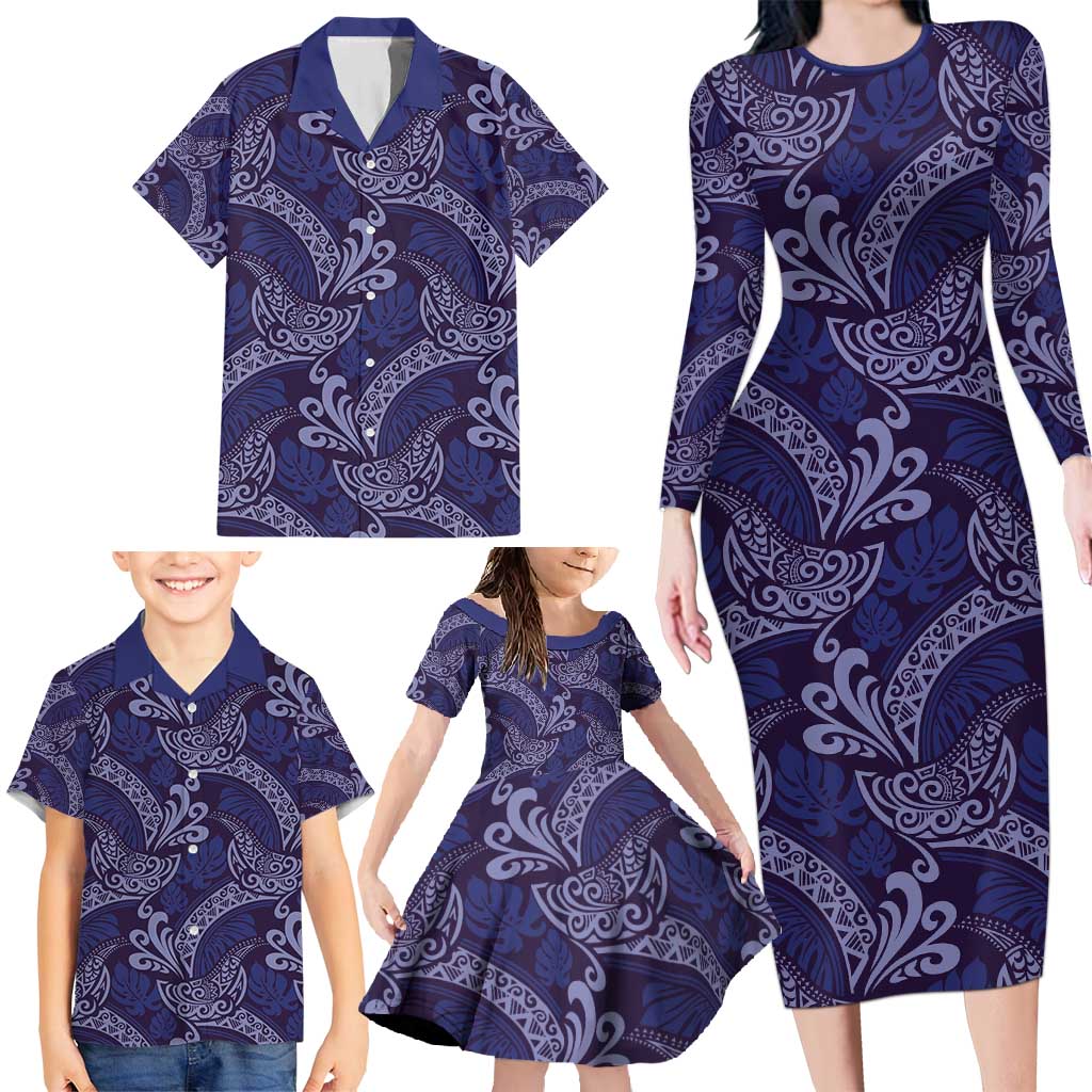 Deep Blue Monstera Family Matching Long Sleeve Bodycon Dress and Hawaiian Shirt Polynesian Tribal Pattern LT01 - Polynesian Pride