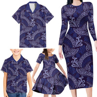 Deep Blue Monstera Family Matching Long Sleeve Bodycon Dress and Hawaiian Shirt Polynesian Tribal Pattern LT01 - Polynesian Pride
