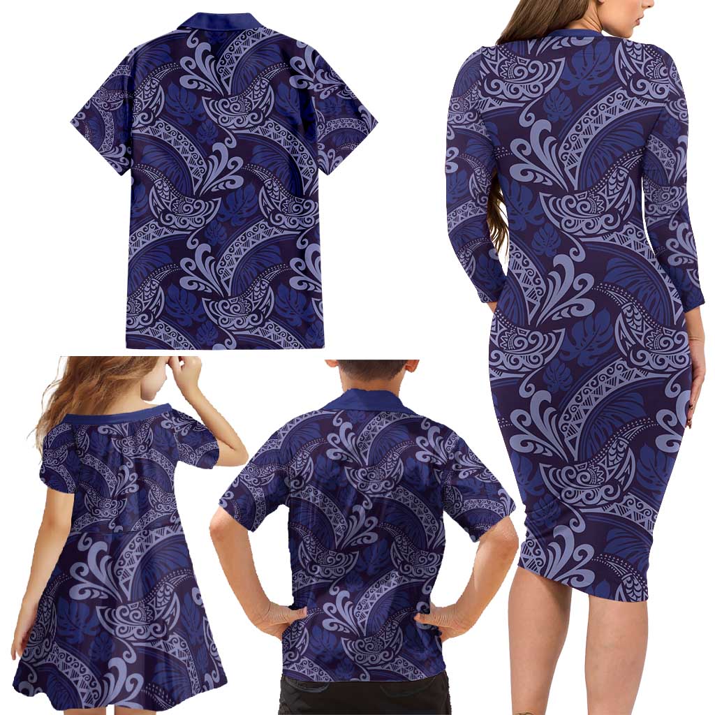 Deep Blue Monstera Family Matching Long Sleeve Bodycon Dress and Hawaiian Shirt Polynesian Tribal Pattern LT01 - Polynesian Pride