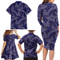 Deep Blue Monstera Family Matching Long Sleeve Bodycon Dress and Hawaiian Shirt Polynesian Tribal Pattern LT01 - Polynesian Pride