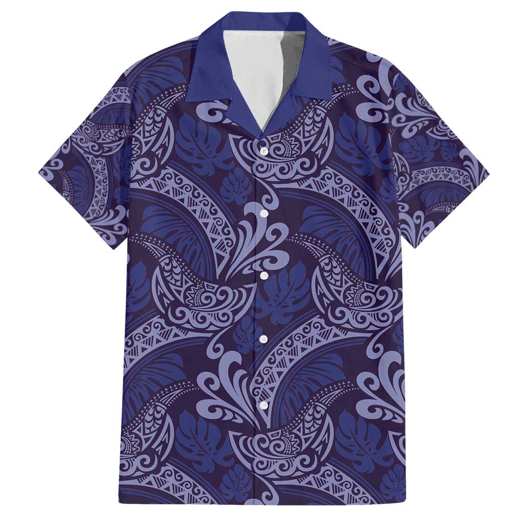 Deep Blue Monstera Family Matching Long Sleeve Bodycon Dress and Hawaiian Shirt Polynesian Tribal Pattern LT01 Dad's Shirt - Short Sleeve Blue - Polynesian Pride