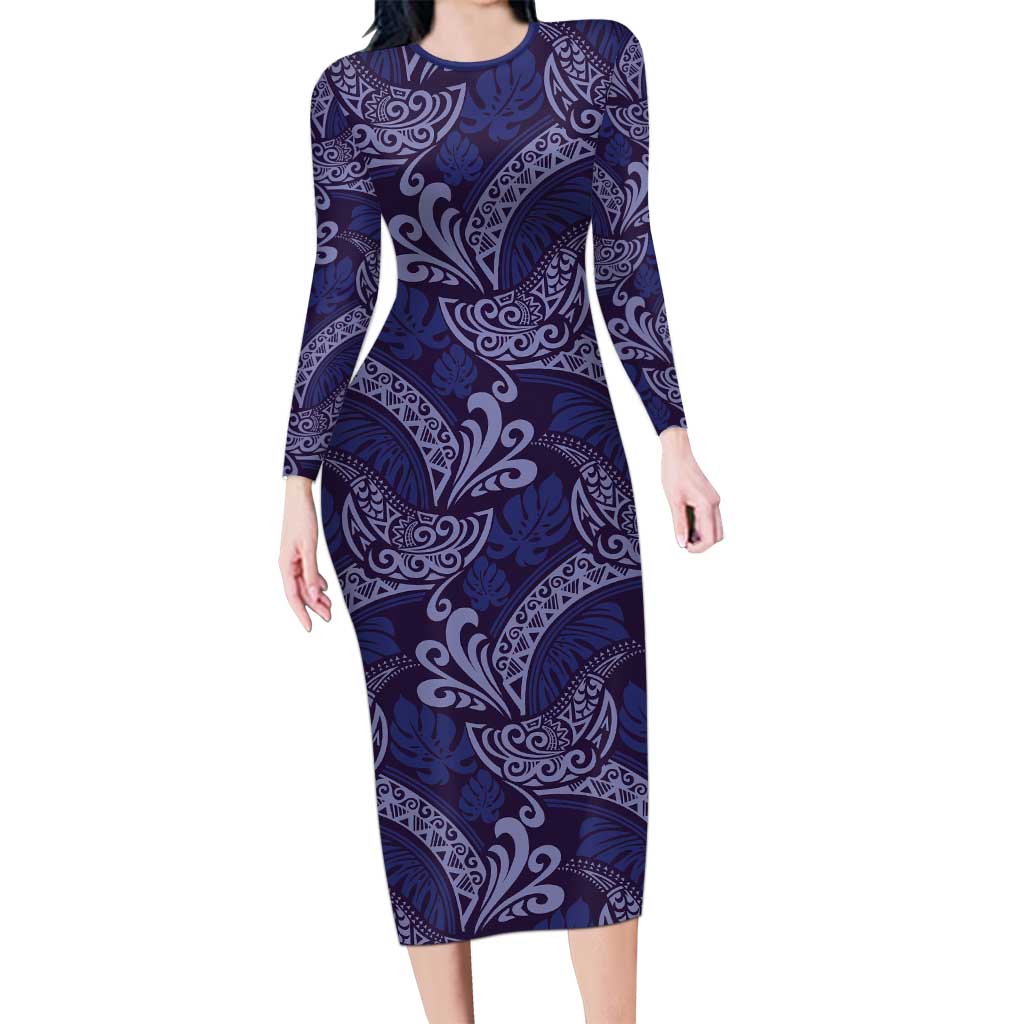 Deep Blue Monstera Family Matching Long Sleeve Bodycon Dress and Hawaiian Shirt Polynesian Tribal Pattern LT01 Mom's Dress Blue - Polynesian Pride
