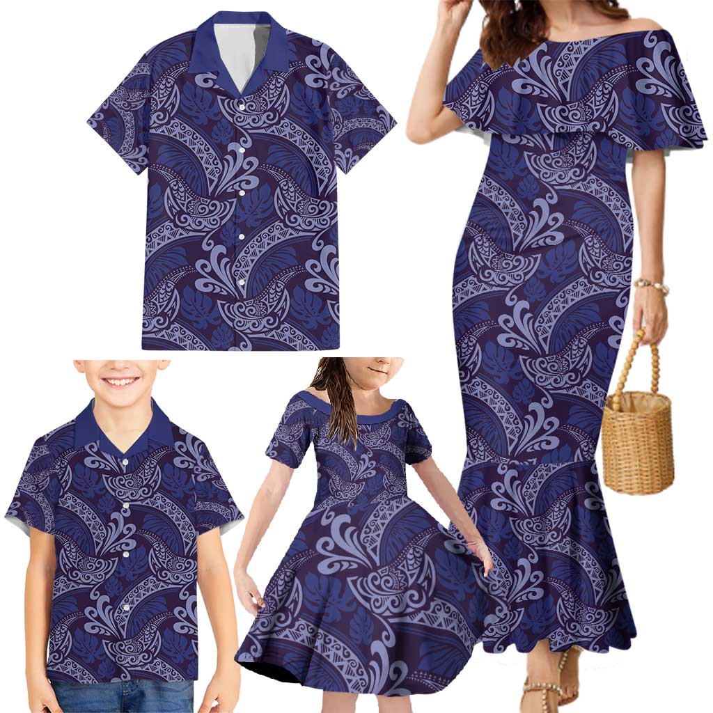 Deep Blue Monstera Family Matching Mermaid Dress and Hawaiian Shirt Polynesian Tribal Pattern LT01 - Polynesian Pride