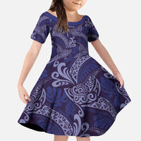 Deep Blue Monstera Family Matching Off The Shoulder Long Sleeve Dress and Hawaiian Shirt Polynesian Tribal Pattern LT01 Daughter's Dress Blue - Polynesian Pride