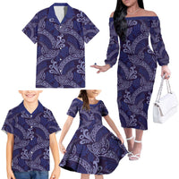 Deep Blue Monstera Family Matching Off The Shoulder Long Sleeve Dress and Hawaiian Shirt Polynesian Tribal Pattern LT01 - Polynesian Pride