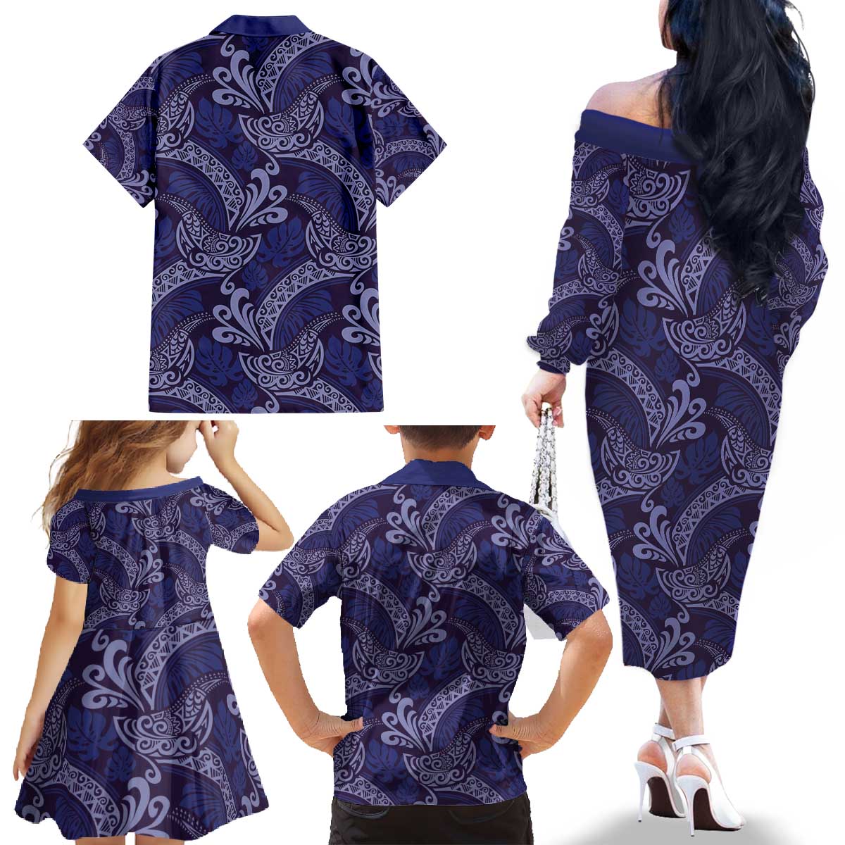 Deep Blue Monstera Family Matching Off The Shoulder Long Sleeve Dress and Hawaiian Shirt Polynesian Tribal Pattern LT01 - Polynesian Pride