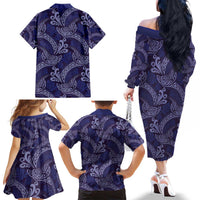 Deep Blue Monstera Family Matching Off The Shoulder Long Sleeve Dress and Hawaiian Shirt Polynesian Tribal Pattern LT01 - Polynesian Pride