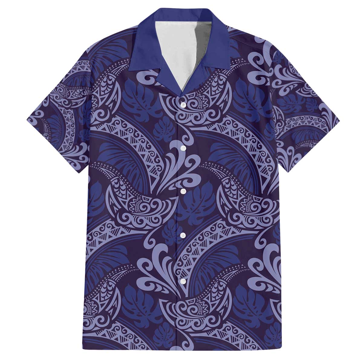 Deep Blue Monstera Family Matching Off The Shoulder Long Sleeve Dress and Hawaiian Shirt Polynesian Tribal Pattern LT01 Dad's Shirt - Short Sleeve Blue - Polynesian Pride