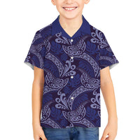 Deep Blue Monstera Family Matching Off Shoulder Short Dress and Hawaiian Shirt Polynesian Tribal Pattern - Polynesian Pride