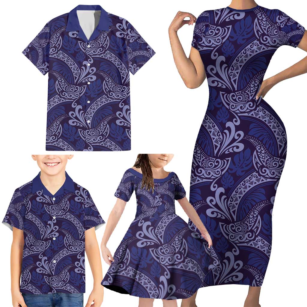 Deep Blue Monstera Family Matching Short Sleeve Bodycon Dress and Hawaiian Shirt Polynesian Tribal Pattern LT01 - Polynesian Pride