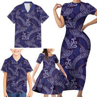 Deep Blue Monstera Family Matching Short Sleeve Bodycon Dress and Hawaiian Shirt Polynesian Tribal Pattern LT01 - Polynesian Pride