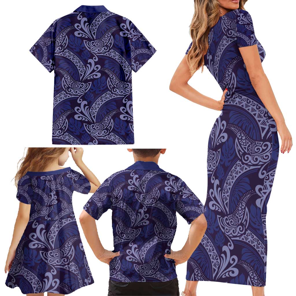 Deep Blue Monstera Family Matching Short Sleeve Bodycon Dress and Hawaiian Shirt Polynesian Tribal Pattern LT01 - Polynesian Pride