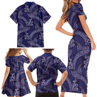 Deep Blue Monstera Family Matching Short Sleeve Bodycon Dress and Hawaiian Shirt Polynesian Tribal Pattern LT01 - Polynesian Pride