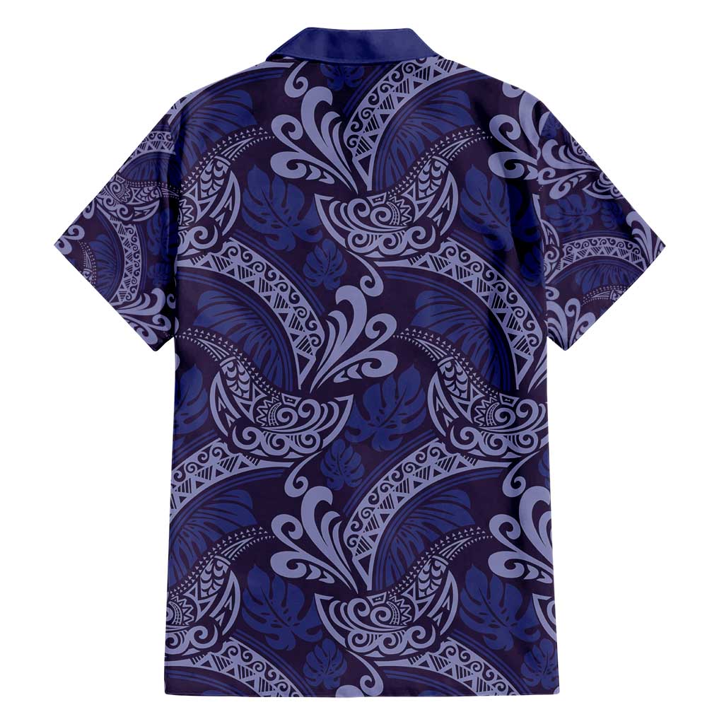 Deep Blue Monstera Family Matching Short Sleeve Bodycon Dress and Hawaiian Shirt Polynesian Tribal Pattern LT01 - Polynesian Pride