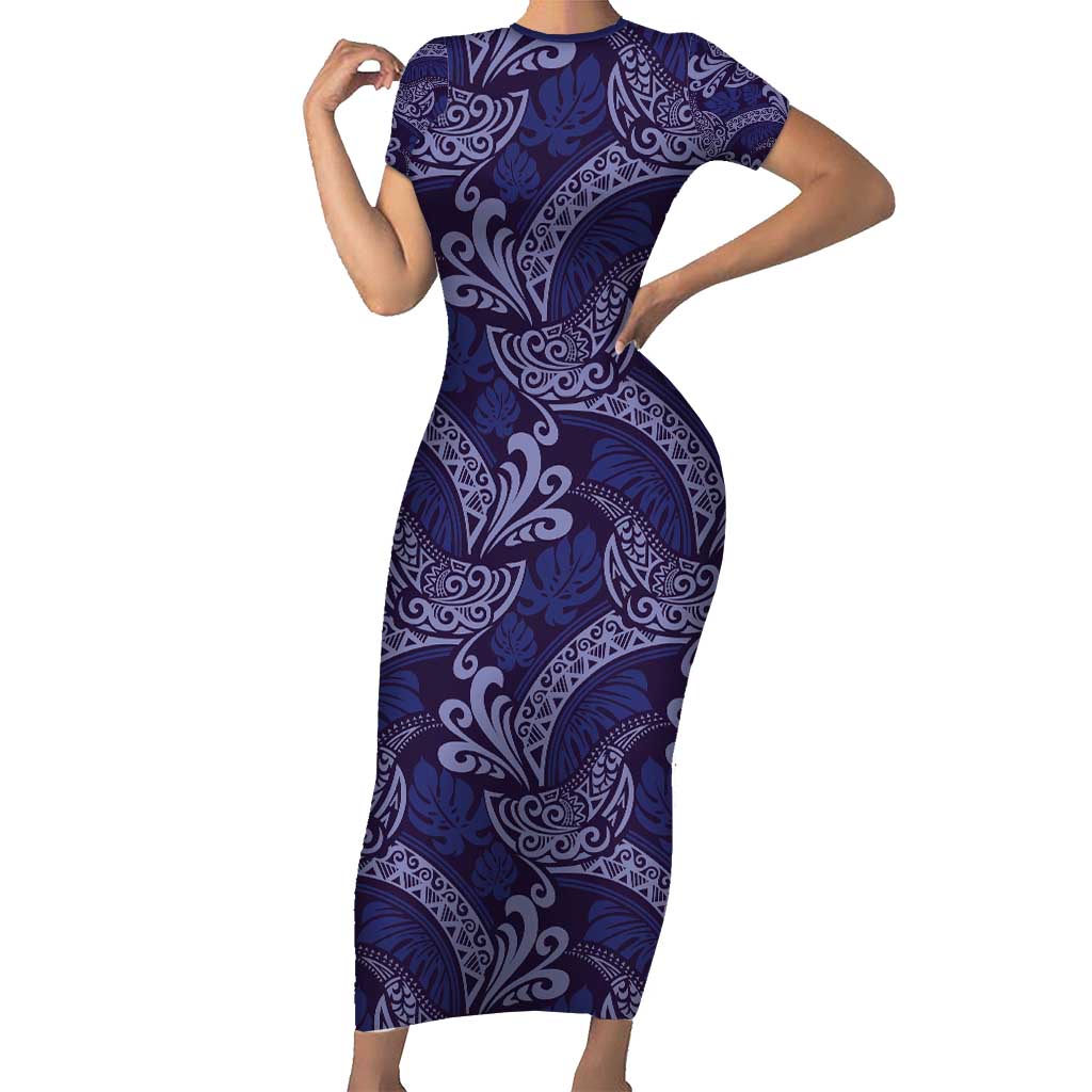 Deep Blue Monstera Family Matching Short Sleeve Bodycon Dress and Hawaiian Shirt Polynesian Tribal Pattern LT01 Mom's Dress Blue - Polynesian Pride