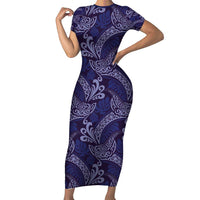 Deep Blue Monstera Family Matching Short Sleeve Bodycon Dress and Hawaiian Shirt Polynesian Tribal Pattern LT01 Mom's Dress Blue - Polynesian Pride