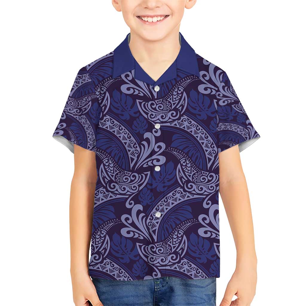 Deep Blue Monstera Family Matching Short Sleeve Bodycon Dress and Hawaiian Shirt Polynesian Tribal Pattern LT01 Son's Shirt Blue - Polynesian Pride