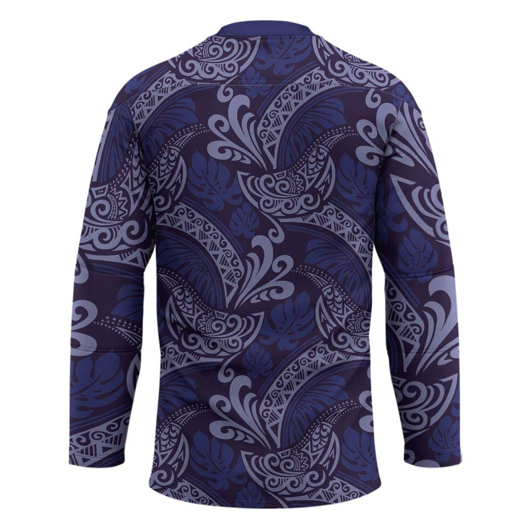 Deep Blue Monstera Hockey Jersey Polynesian Tribal Pattern - Polynesian Pride