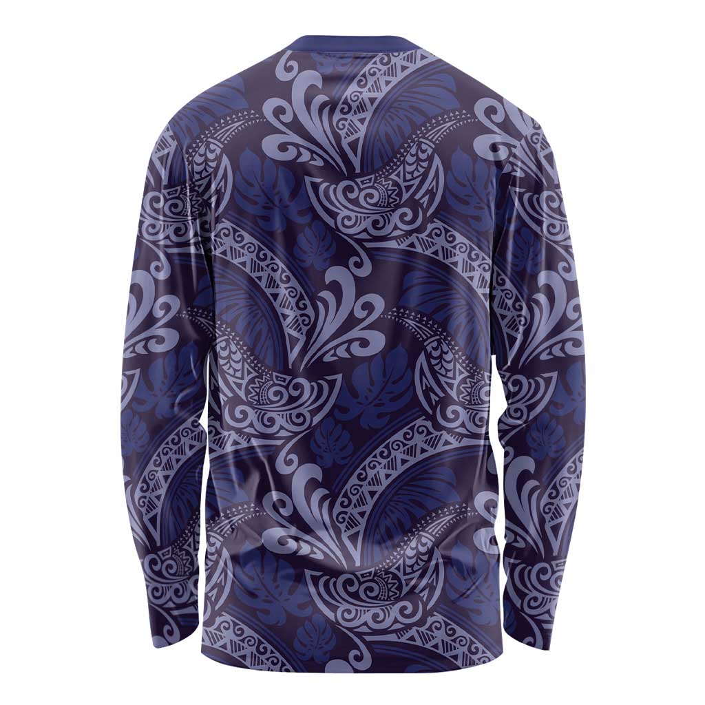 Deep Blue Monstera Long Sleeve Shirt Polynesian Tribal Pattern LT01 - Polynesian Pride