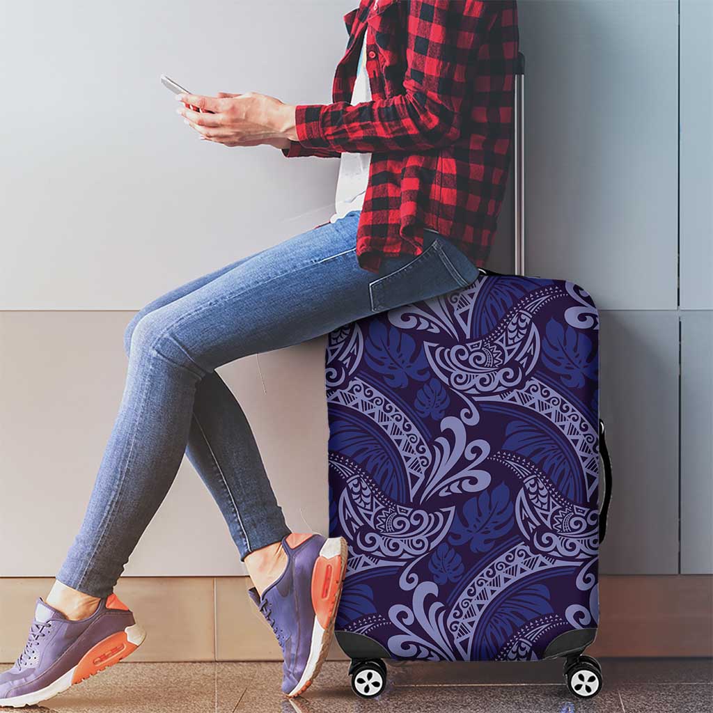 Deep Blue Monstera Luggage Cover Polynesian Tribal Pattern - Polynesian Pride