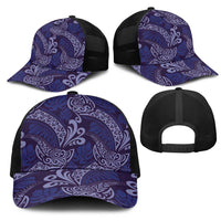 Deep Blue Monstera Mesh Trucker Cap Polynesian Tribal Pattern - Polynesian Pride