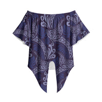 Deep Blue Monstera Off Shoulder Wrap Waist Top Polynesian Tribal Pattern LT01 Blue - Polynesian Pride