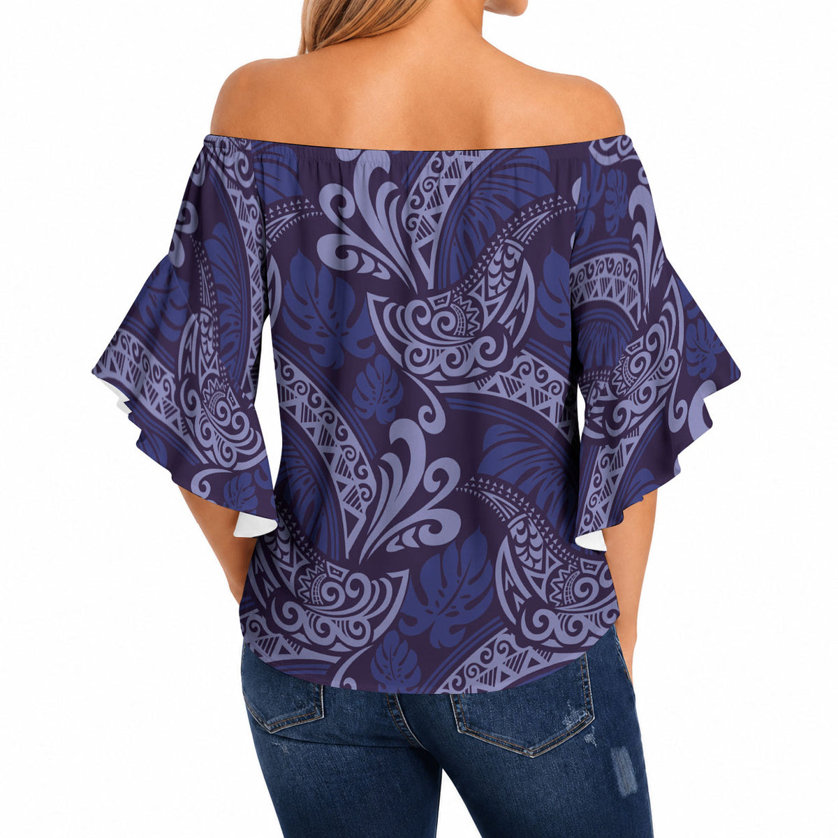 Deep Blue Monstera Off Shoulder Wrap Waist Top Polynesian Tribal Pattern LT01 - Polynesian Pride