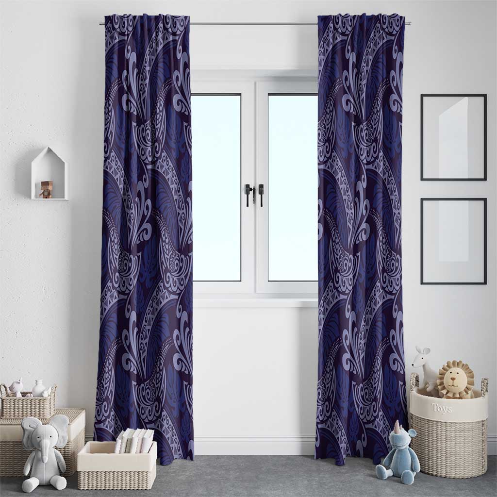Deep Blue Monstera Window Curtain Polynesian Tribal Pattern - Polynesian Pride