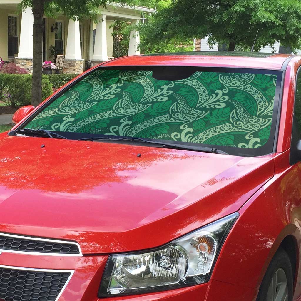 Forest Green Monstera Auto Sun Shade Polynesian Tribal Pattern - Polynesian Pride