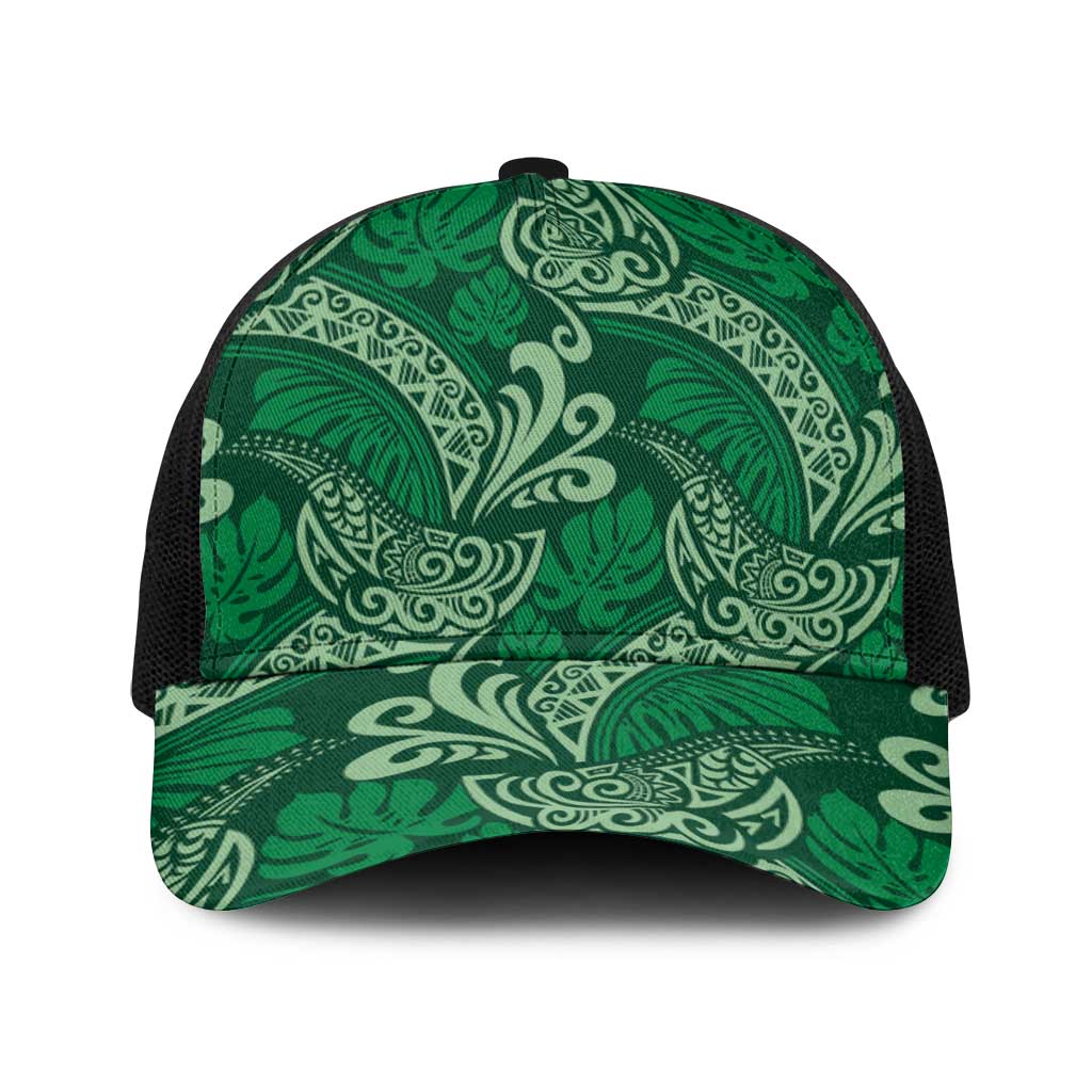 Forest Green Monstera Baseball Net Cap Polynesian Tribal Pattern - Polynesian Pride