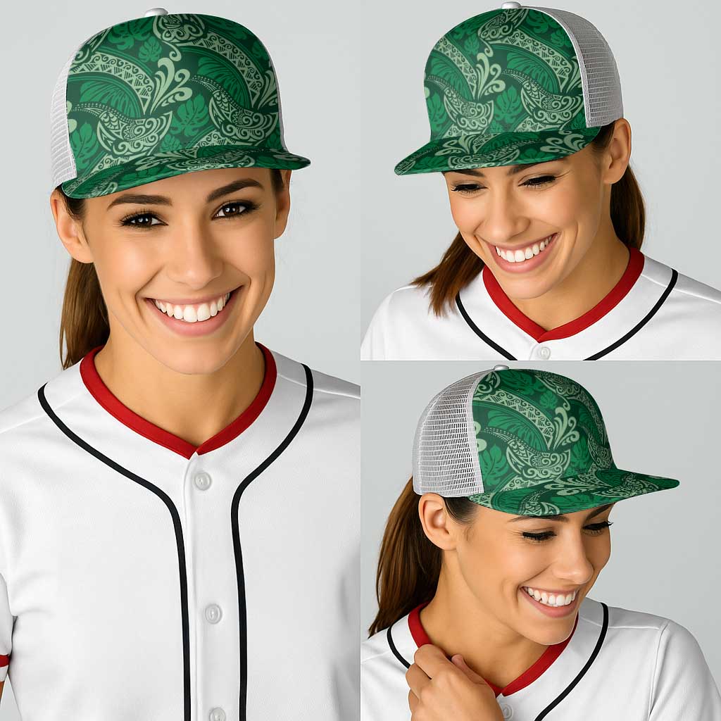 Forest Green Monstera Baseball Net Cap Polynesian Tribal Pattern - Polynesian Pride