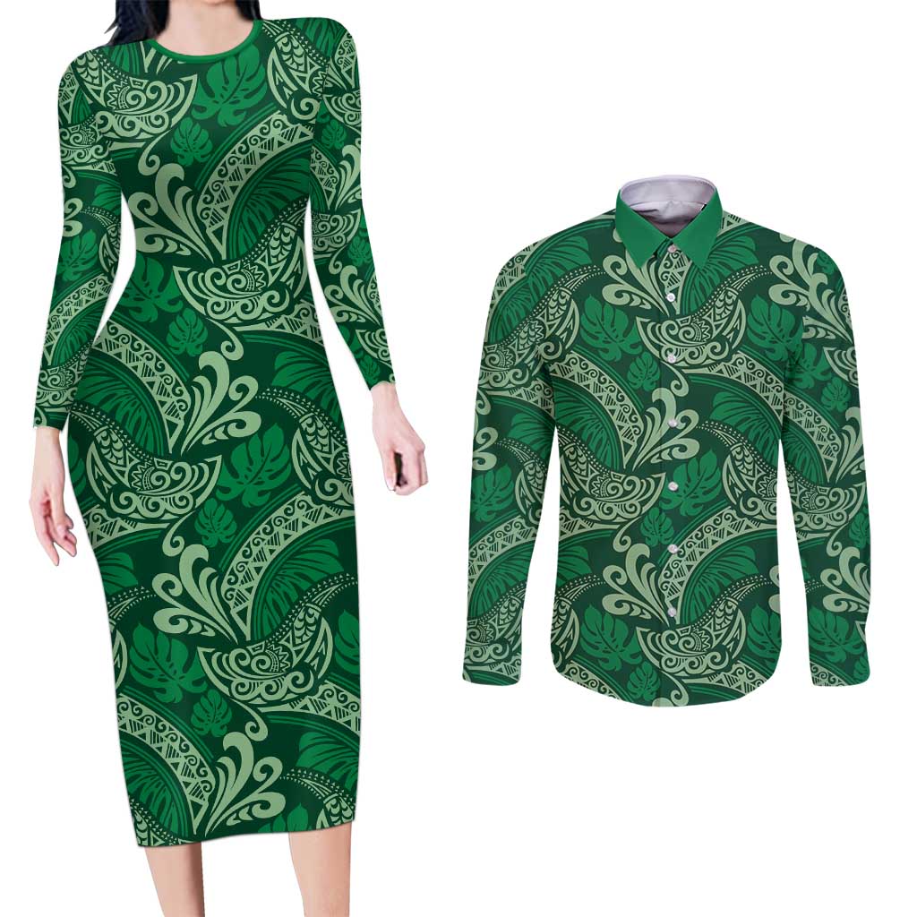 Forest Green Monstera Couples Matching Long Sleeve Bodycon Dress and Long Sleeve Button Shirt Polynesian Tribal Pattern LT01 Green - Polynesian Pride
