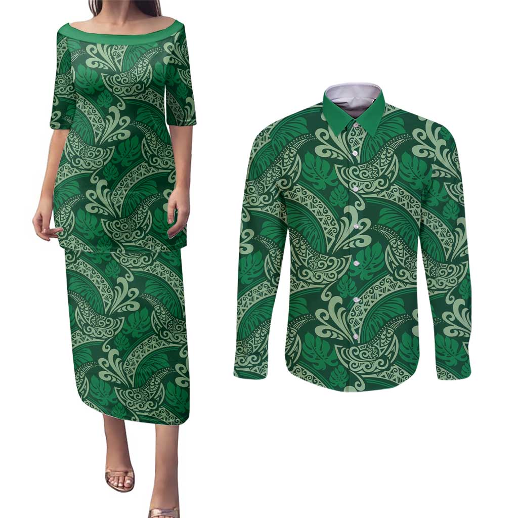 Forest Green Monstera Couples Matching Puletasi and Long Sleeve Button Shirt Polynesian Tribal Pattern LT01 Green - Polynesian Pride