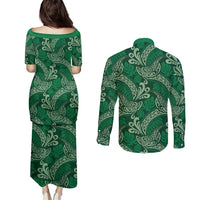 Forest Green Monstera Couples Matching Puletasi and Long Sleeve Button Shirt Polynesian Tribal Pattern LT01 - Polynesian Pride