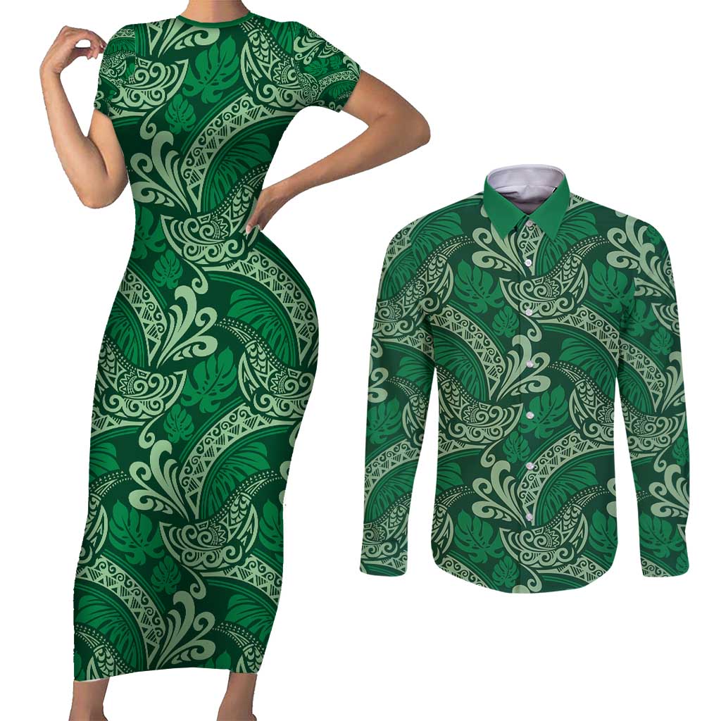 Forest Green Monstera Couples Matching Short Sleeve Bodycon Dress and Long Sleeve Button Shirt Polynesian Tribal Pattern LT01 Green - Polynesian Pride