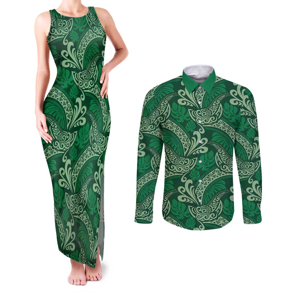 Forest Green Monstera Couples Matching Tank Maxi Dress and Long Sleeve Button Shirt Polynesian Tribal Pattern LT01 Green - Polynesian Pride