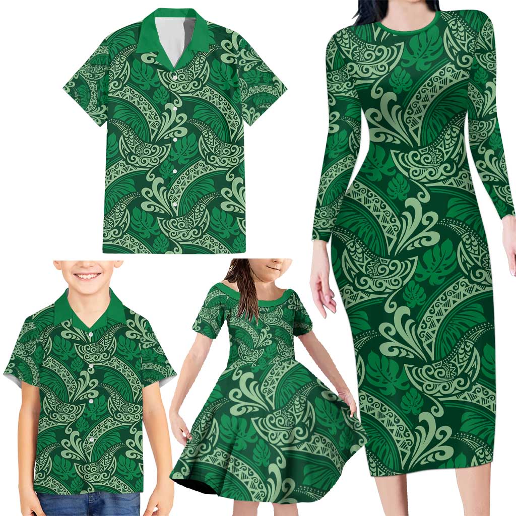 Forest Green Monstera Family Matching Long Sleeve Bodycon Dress and Hawaiian Shirt Polynesian Tribal Pattern LT01 - Polynesian Pride