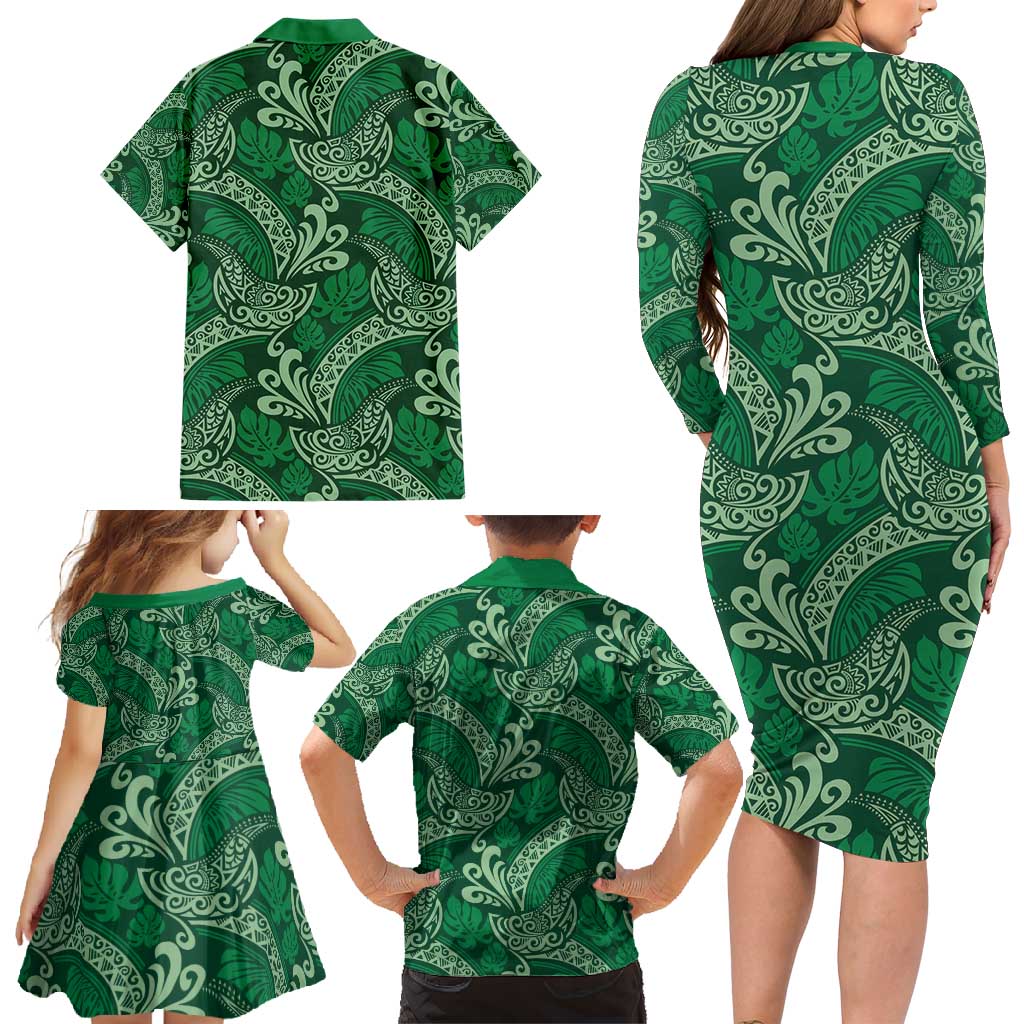 Forest Green Monstera Family Matching Long Sleeve Bodycon Dress and Hawaiian Shirt Polynesian Tribal Pattern LT01 - Polynesian Pride