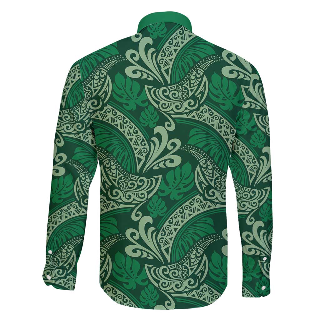 Forest Green Monstera Family Matching Long Sleeve Bodycon Dress and Hawaiian Shirt Polynesian Tribal Pattern LT01 - Polynesian Pride
